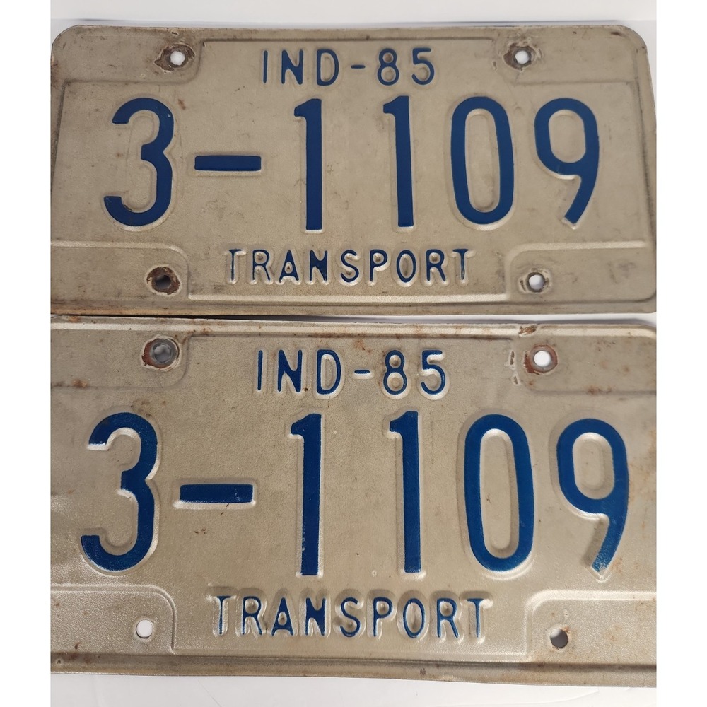 Vintage 1985 Indiana Transport License Plates Matched Pair Garage Man Cave Decor